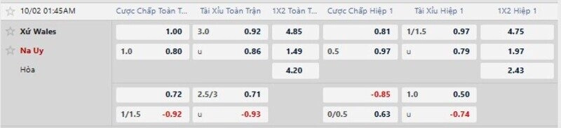 Bảng tỷ lệ kèo trận Xứ Wales vs Na Uy 